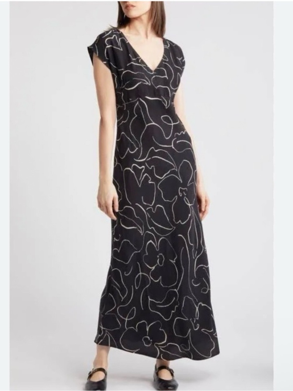 NWOT Madewell Marianna V-Neck Cupro Blend Maxi Dress Size 6 floral black